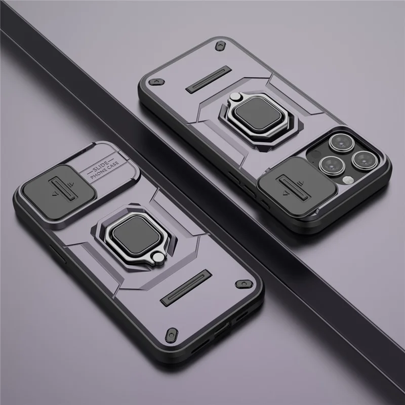 For iPhone 15 Pro Kickstand Phone Case with Slide Lens Cover PC+TPU Shockproof Rugged Shell - Purple