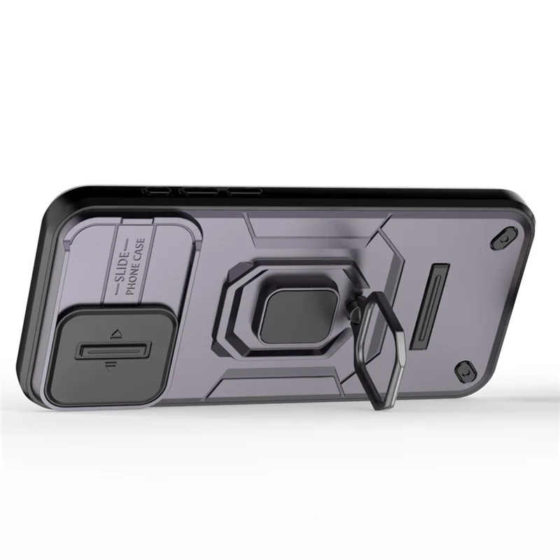 For iPhone 15 Pro Kickstand Phone Case with Slide Lens Cover PC+TPU Shockproof Rugged Shell - Purple