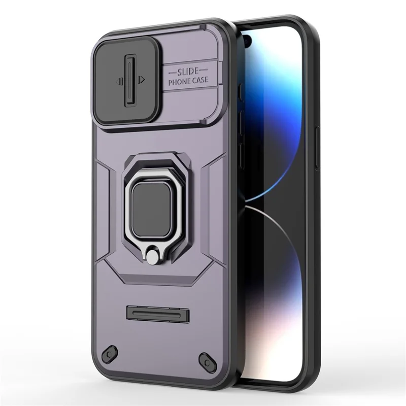 For iPhone 15 Pro Kickstand Phone Case with Slide Lens Cover PC+TPU Shockproof Rugged Shell - Purple