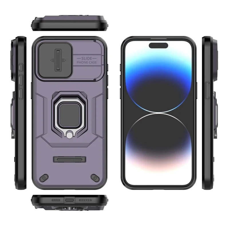 For iPhone 15 Pro Kickstand Phone Case with Slide Lens Cover PC+TPU Shockproof Rugged Shell - Purple
