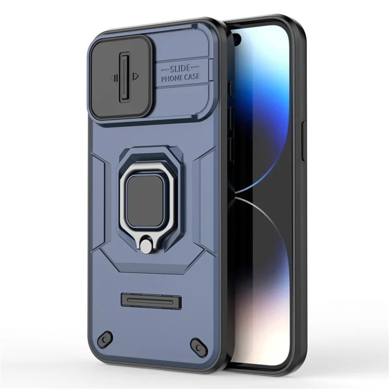 For iPhone 15 Pro Max Slide Camera Protection Phone Case PC+TPU Kickstand Protective Cover - Blue