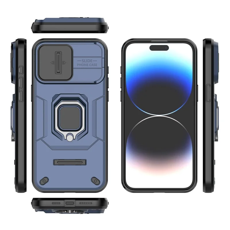 For iPhone 15 Pro Max Slide Camera Protection Phone Case PC+TPU Kickstand Protective Cover - Blue