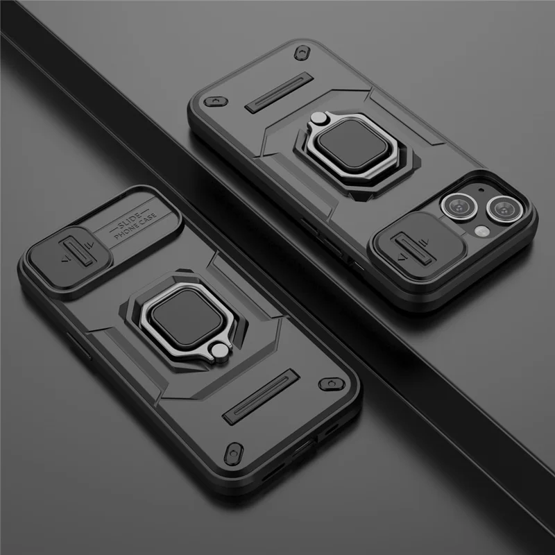 For iPhone 15 PC+TPU Impact-Resistant Phone Case Slide Lens Protection Kickstand Cover - Black