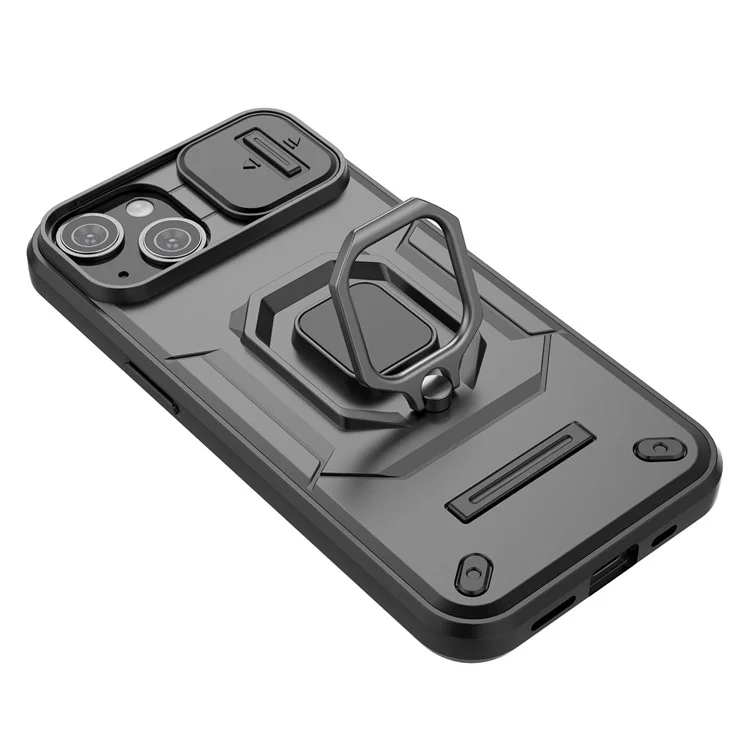 For iPhone 15 PC+TPU Impact-Resistant Phone Case Slide Lens Protection Kickstand Cover - Black