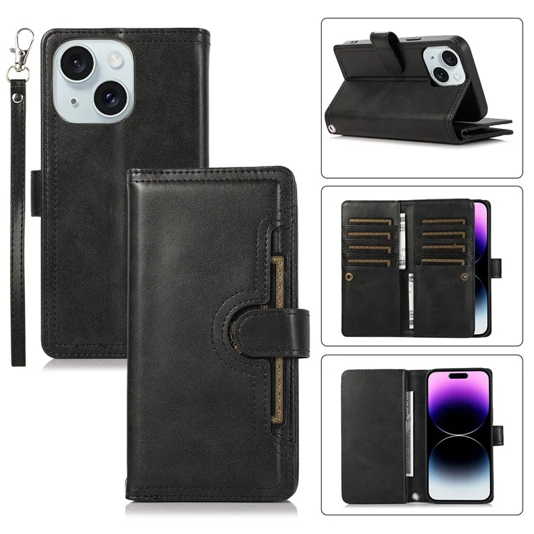 Per iPhone 15 Plus Split Leather Folio Case Stand Multiple Card Slots Wallet Phone Cover with Strap - Nero