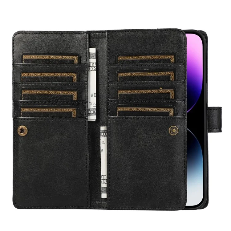 Per iPhone 15 Plus Split Leather Folio Case Stand Multiple Card Slots Wallet Phone Cover with Strap - Nero