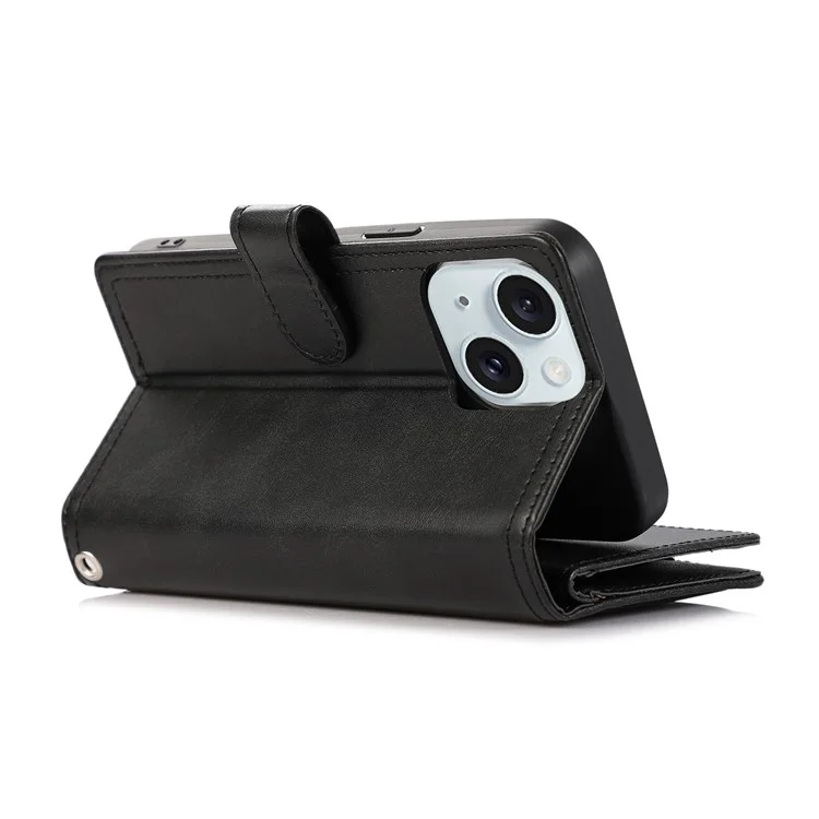 Per iPhone 15 Plus Split Leather Folio Case Stand Multiple Card Slots Wallet Phone Cover with Strap - Nero