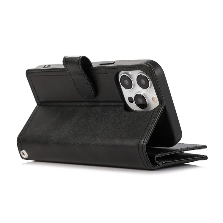 Para iPhone 15 Pro Split Leather Stand Cover Multiple Card Slots Wallet Phone Case with Strap - Black