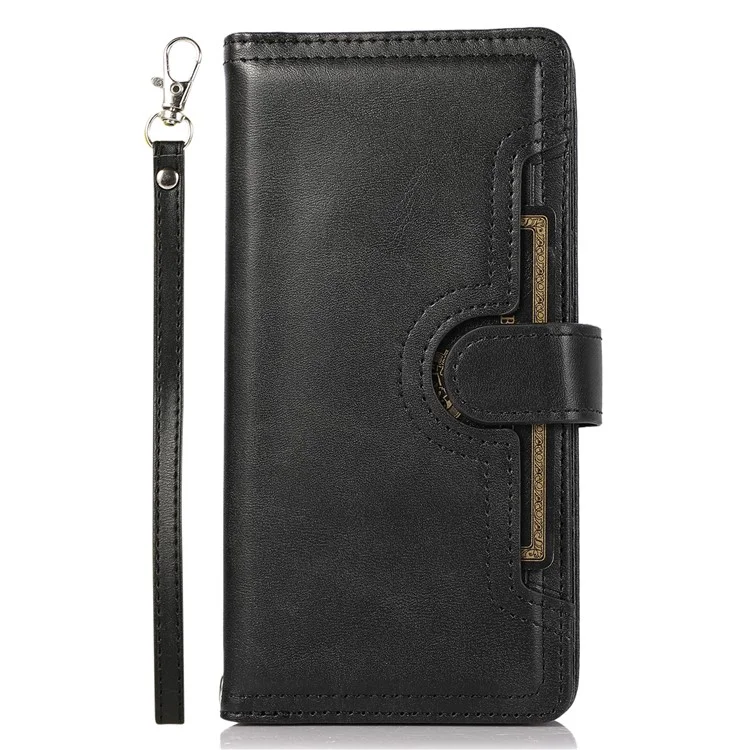 Para iPhone 15 Pro Split Leather Stand Cover Multiple Card Slots Wallet Phone Case with Strap - Black