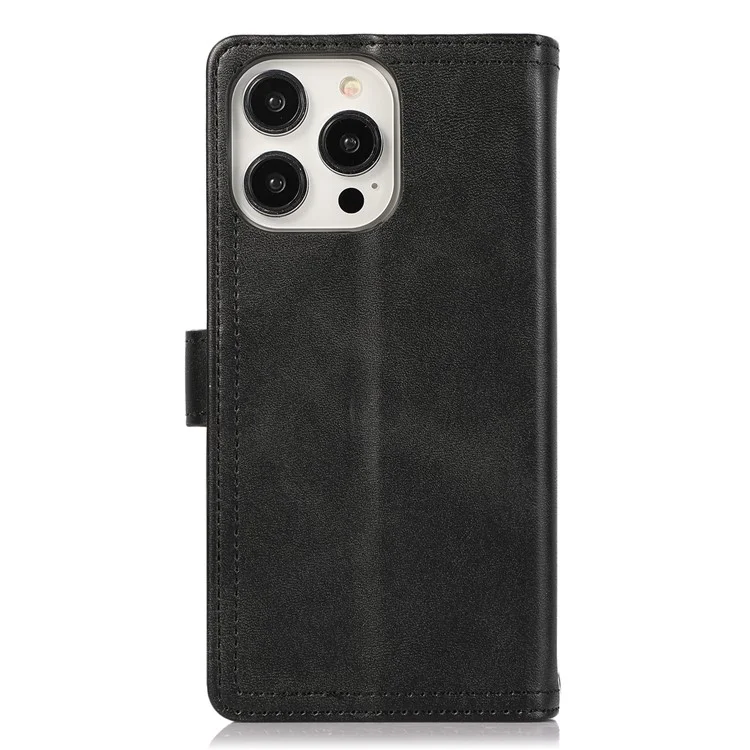 Para iPhone 15 Pro Split Leather Stand Cover Multiple Card Slots Wallet Phone Case with Strap - Black