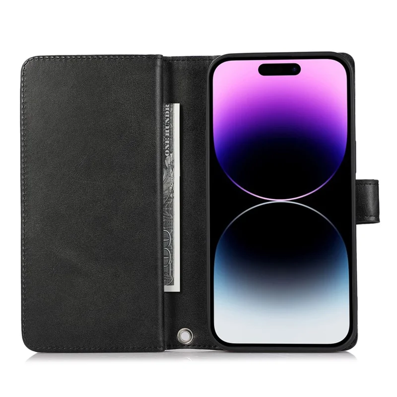 For iPhone 15 Pro Max Split Leather Phone Case Multiple Card Slots Wallet Stand Flip Cover with Strap - Black
