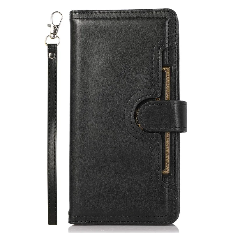 For iPhone 15 Pro Max Split Leather Phone Case Multiple Card Slots Wallet Stand Flip Cover with Strap - Black