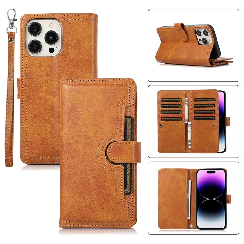 For iPhone 15 Pro Max Split Leather Phone Case Multiple Card Slots Wallet Stand Flip Cover with Strap - Brown