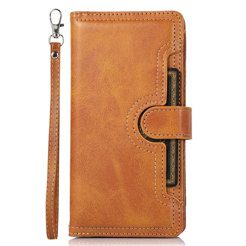 For iPhone 15 Pro Max Split Leather Phone Case Multiple Card Slots Wallet Stand Flip Cover with Strap - Brown