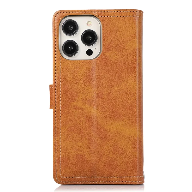 For iPhone 15 Pro Max Split Leather Phone Case Multiple Card Slots Wallet Stand Flip Cover with Strap - Brown