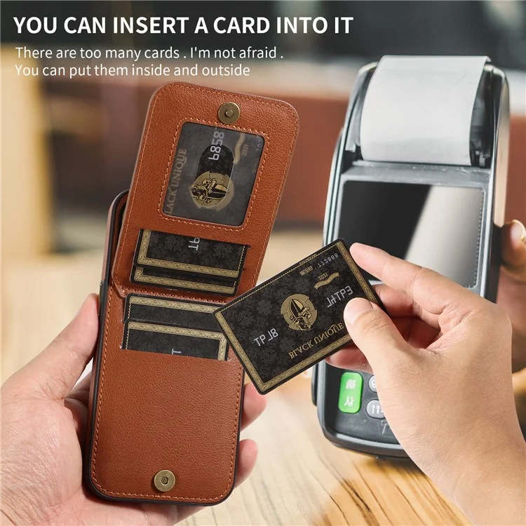 Per iPhone 15 PU Leather+TPU Phone Case Card Slots RFID Blocking Kickstand Cover - Marrone