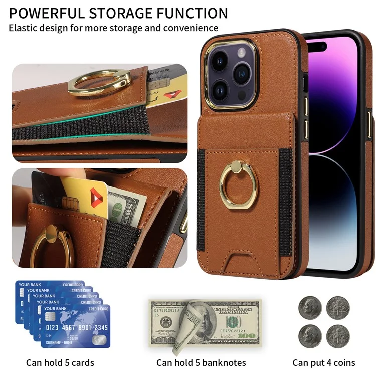 Per iPhone 15 PU Leather+TPU Phone Case Card Slots RFID Blocking Kickstand Cover - Marrone