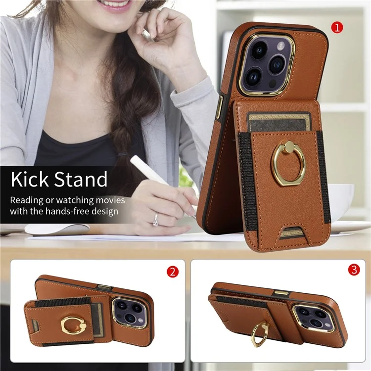Per iPhone 15 PU Leather+TPU Phone Case Card Slots RFID Blocking Kickstand Cover - Marrone