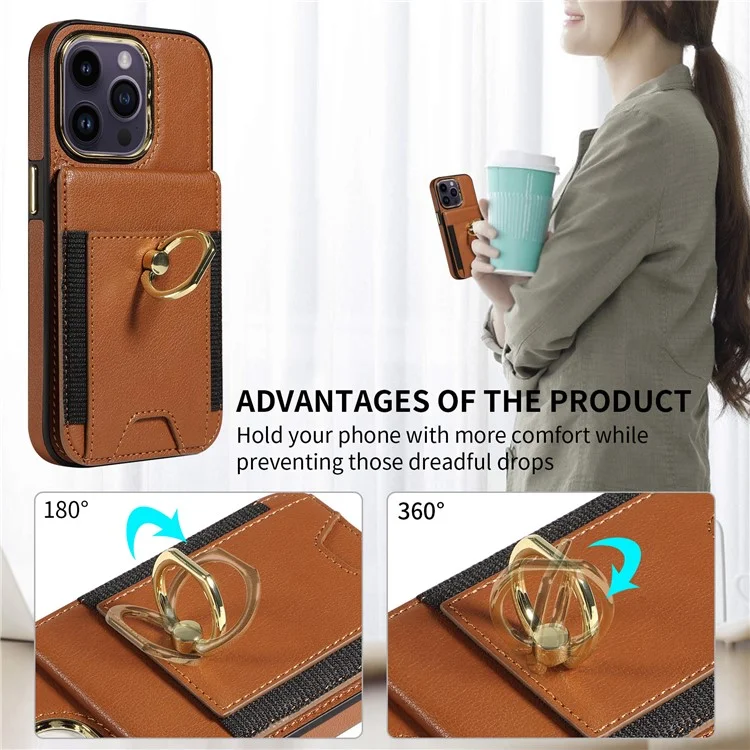 Per iPhone 15 PU Leather+TPU Phone Case Card Slots RFID Blocking Kickstand Cover - Marrone