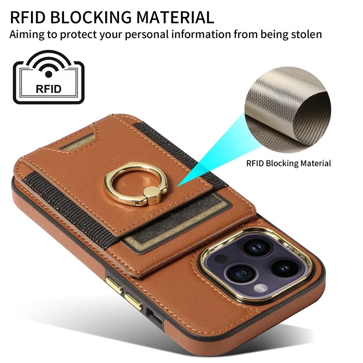 Per iPhone 15 PU Leather+TPU Phone Case Card Slots RFID Blocking Kickstand Cover - Marrone
