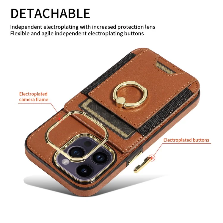 Per iPhone 15 PU Leather+TPU Phone Case Card Slots RFID Blocking Kickstand Cover - Marrone