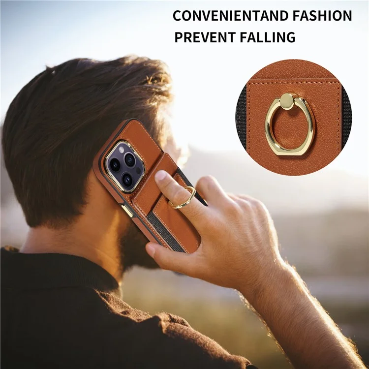Per iPhone 15 PU Leather+TPU Phone Case Card Slots RFID Blocking Kickstand Cover - Marrone