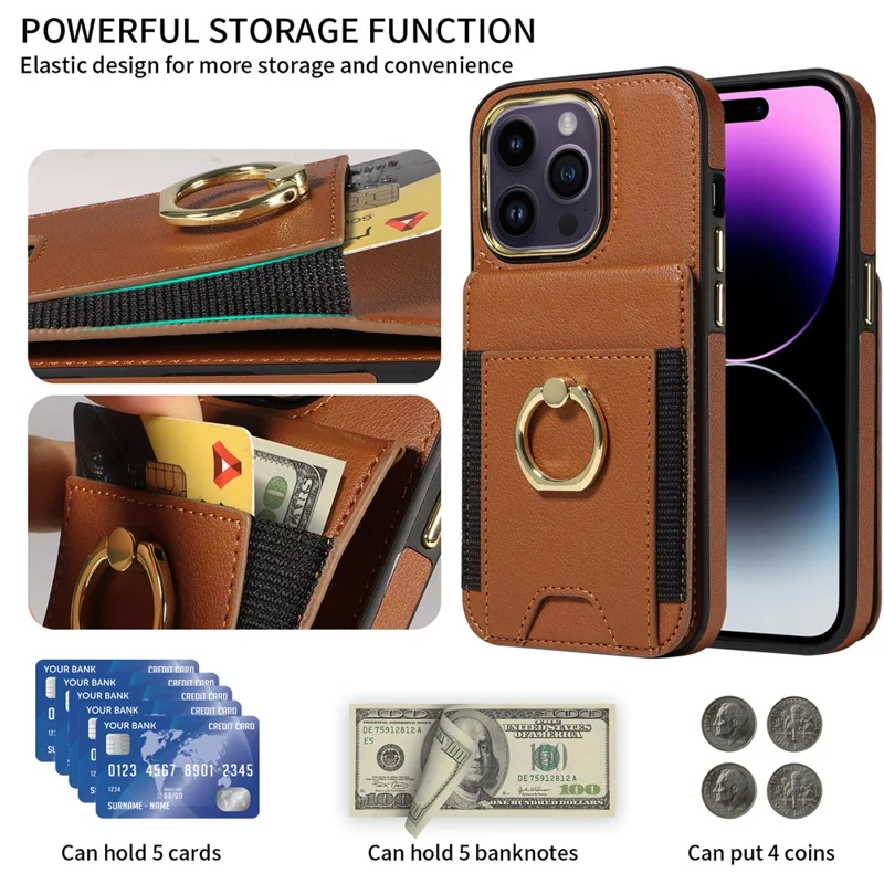 For iPhone 15 PU Leather+TPU Phone Case Card Slots RFID Blocking Kickstand Cover - Black