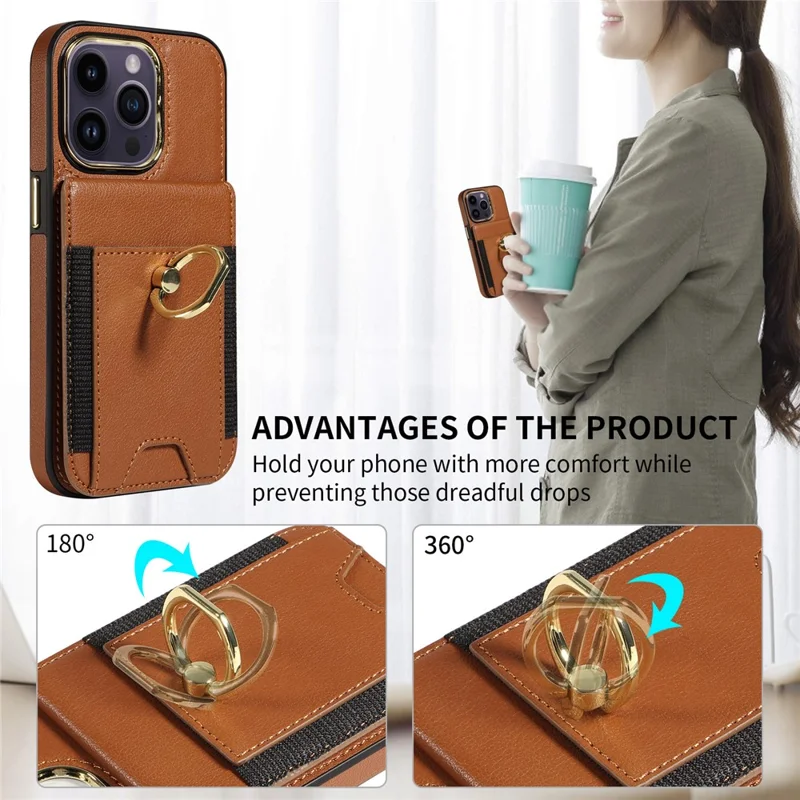 For iPhone 15 PU Leather+TPU Phone Case Card Slots RFID Blocking Kickstand Cover - Black