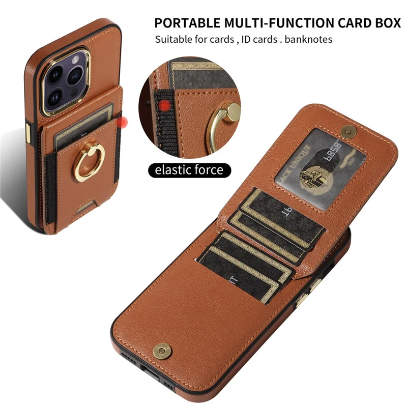 For iPhone 15 PU Leather+TPU Phone Case Card Slots RFID Blocking Kickstand Cover - Black