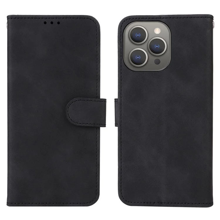 Para iPhone 15 Pro Max Skin-touch Phone Leather Case Stand Wallet Protective Phone Cover - Preto