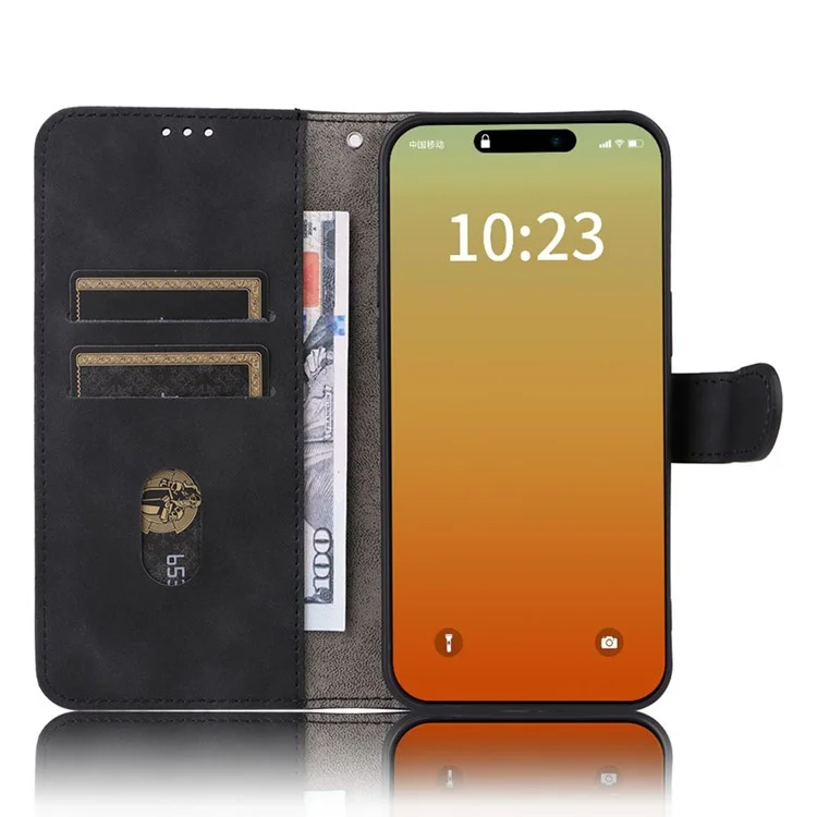 Para iPhone 15 Pro Max Skin-touch Phone Leather Case Stand Wallet Protective Phone Cover - Preto