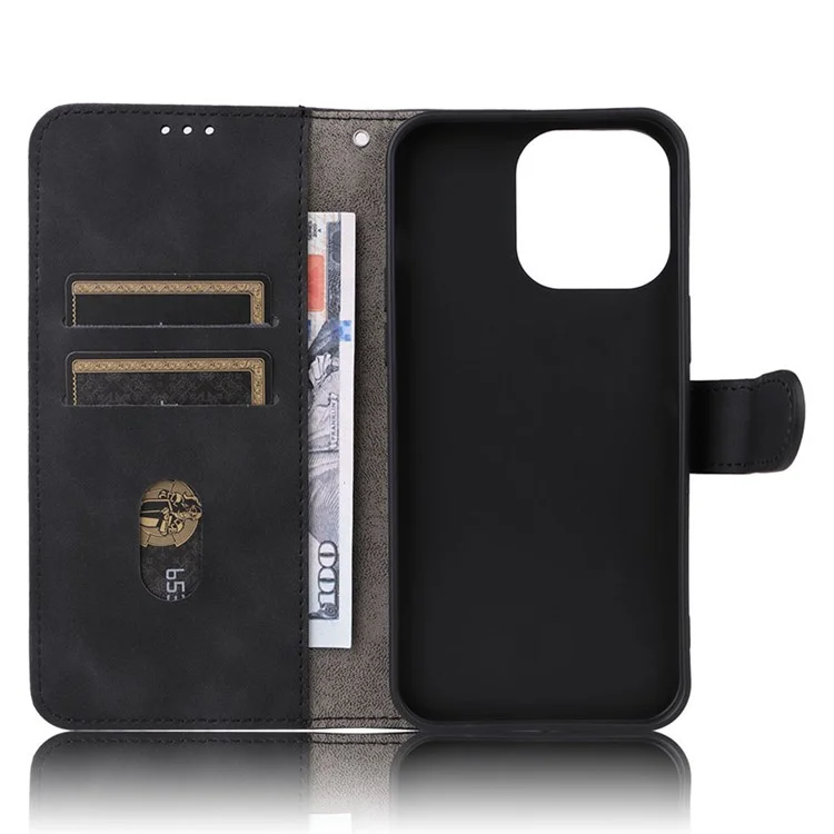 Para iPhone 15 Pro Max Skin-touch Phone Leather Case Stand Wallet Protective Phone Cover - Preto