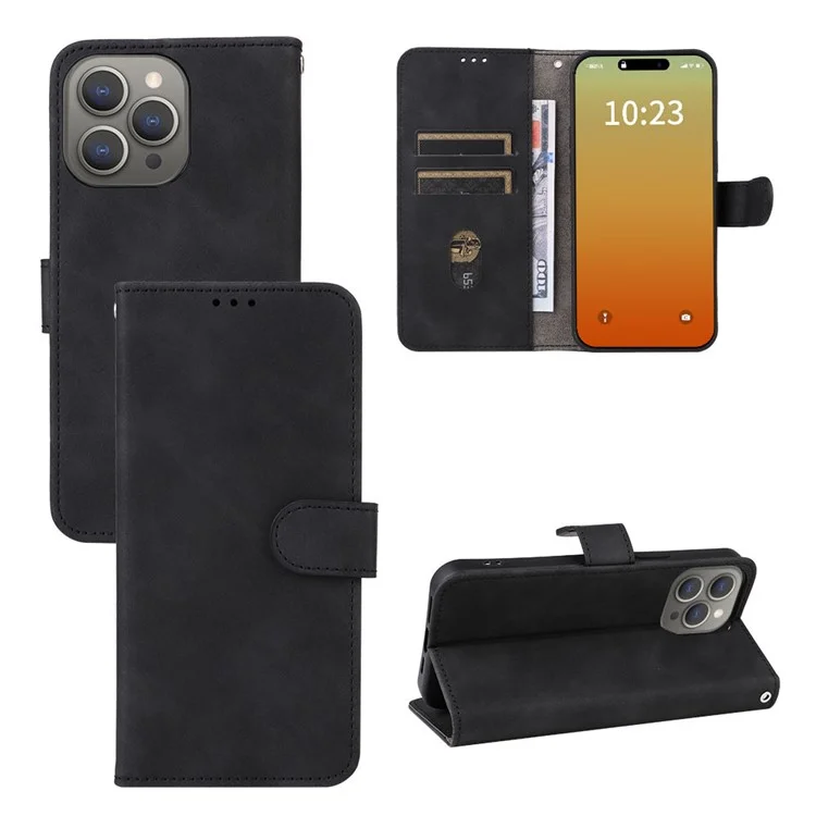 Para iPhone 15 Pro Max Skin-touch Phone Leather Case Stand Wallet Protective Phone Cover - Preto