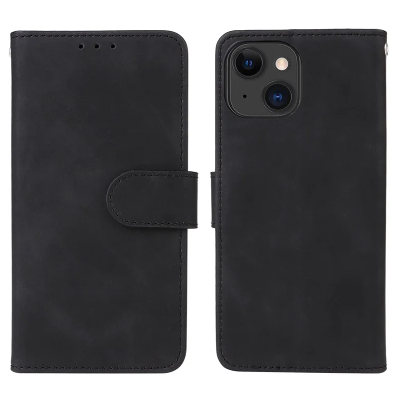 Skin-touch PU Leather Phone Cover for iPhone 15 , Stand Phone Wallet Case - Black