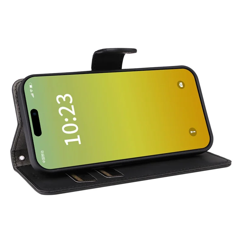 Skin-touch PU Leather Phone Cover for iPhone 15 , Stand Phone Wallet Case - Black