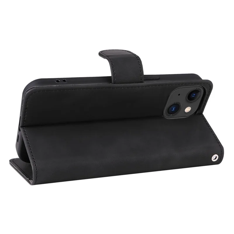 Skin-touch PU Leather Phone Cover for iPhone 15 , Stand Phone Wallet Case - Black