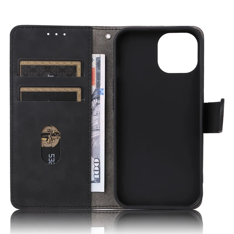 Skin-touch PU Leather Phone Cover for iPhone 15 , Stand Phone Wallet Case - Black