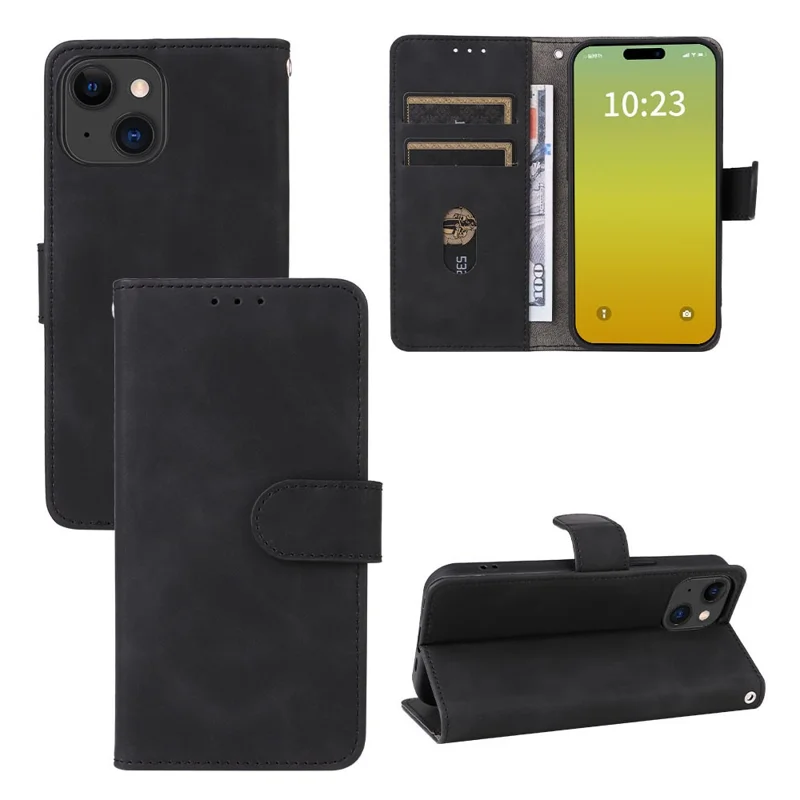 Skin-touch PU Leather Phone Cover for iPhone 15 , Stand Phone Wallet Case - Black