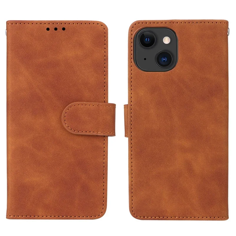 For iPhone 15 Plus PU Leather Wallet Case Stand Skin-touch Protective Phone Cover - Brown