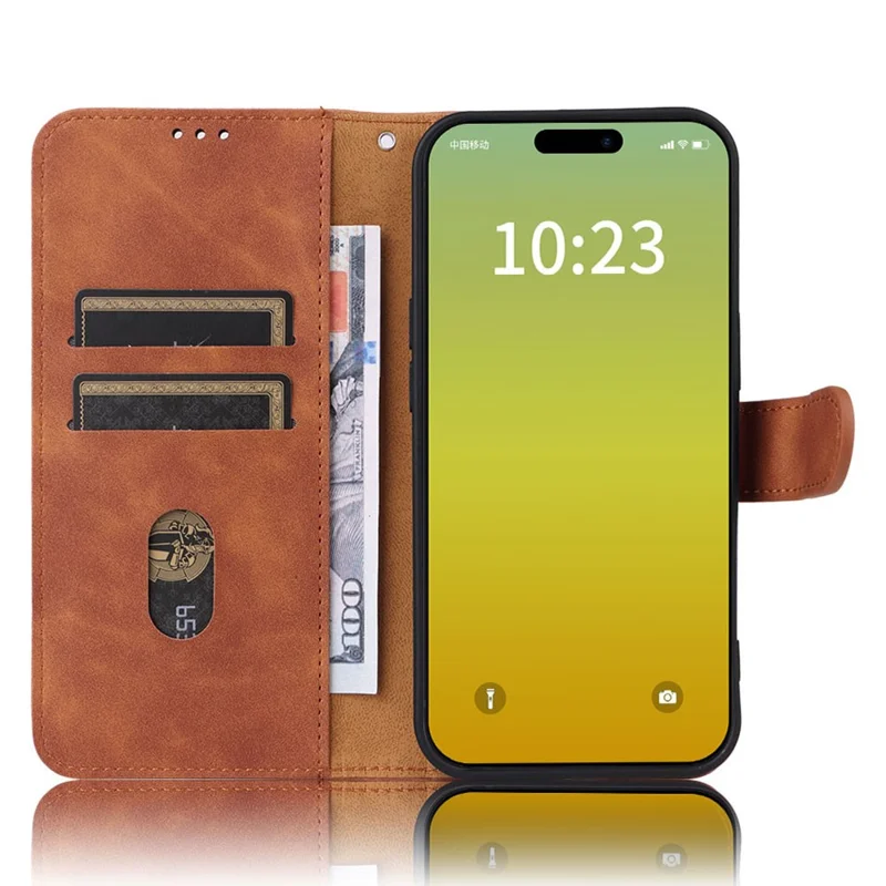 For iPhone 15 Plus PU Leather Wallet Case Stand Skin-touch Protective Phone Cover - Brown