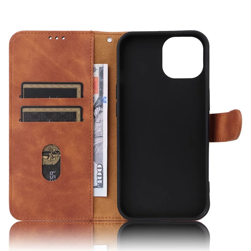 For iPhone 15 Plus PU Leather Wallet Case Stand Skin-touch Protective Phone Cover - Brown
