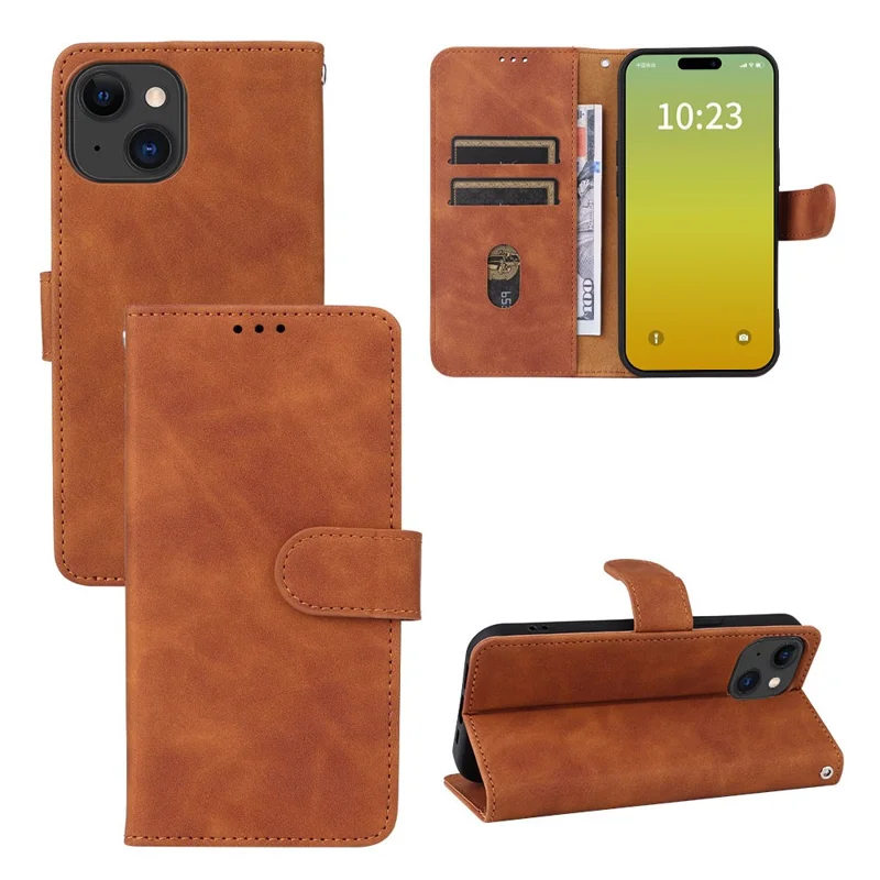 For iPhone 15 Plus PU Leather Wallet Case Stand Skin-touch Protective Phone Cover - Brown