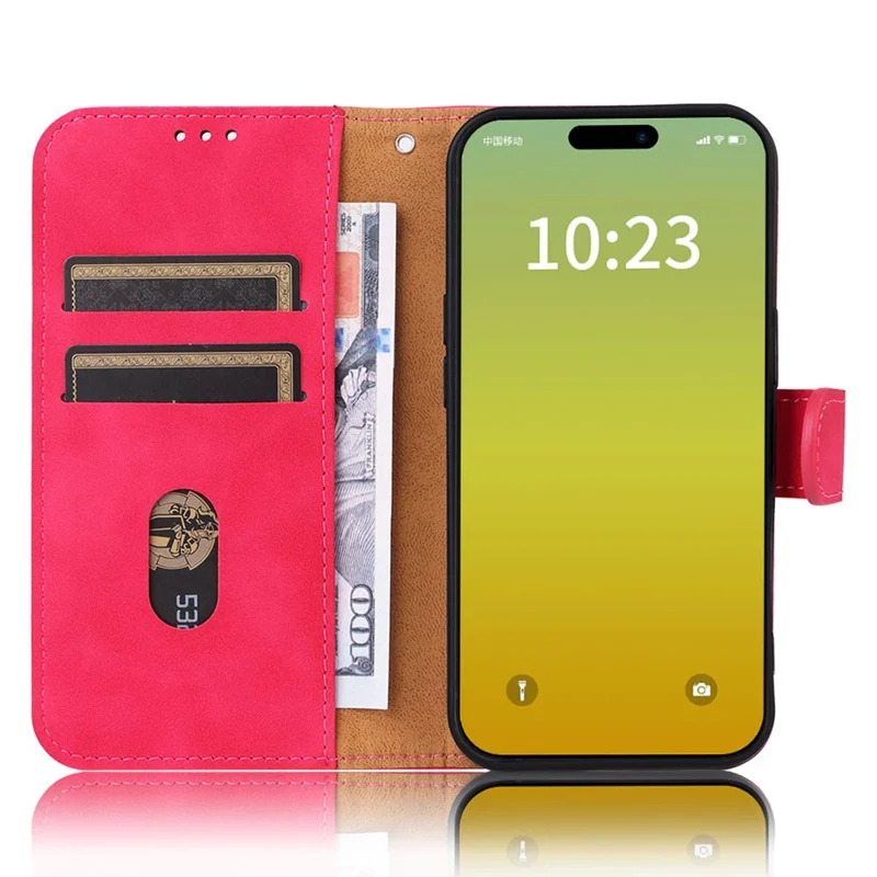 For iPhone 15 Plus PU Leather Wallet Case Stand Skin-touch Protective Phone Cover - Rose