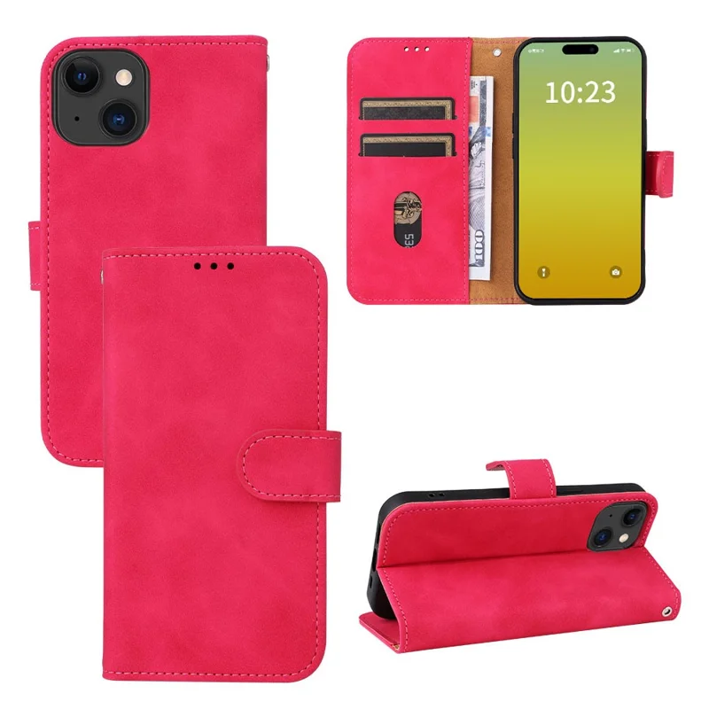 For iPhone 15 Plus PU Leather Wallet Case Stand Skin-touch Protective Phone Cover - Rose