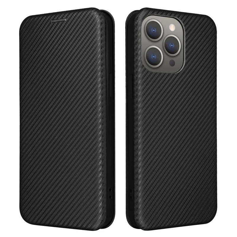 PU Leather Card Holder Phone Case voor iPhone 15 Pro, Carbon Fiber Texture Stand Cover - Zwart