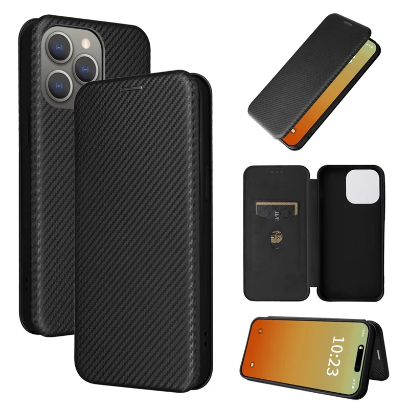 PU Leather Card Holder Phone Case voor iPhone 15 Pro, Carbon Fiber Texture Stand Cover - Zwart