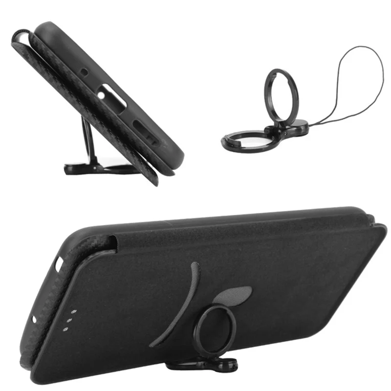 PU Leather Card Holder Phone Case voor iPhone 15 Pro, Carbon Fiber Texture Stand Cover - Zwart