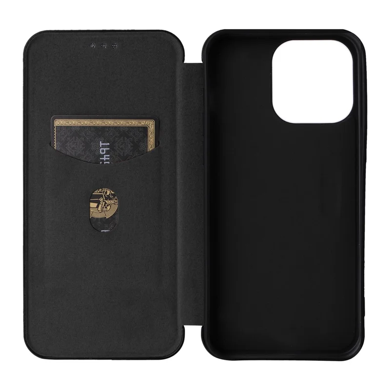PU Leather Card Holder Phone Case voor iPhone 15 Pro, Carbon Fiber Texture Stand Cover - Zwart