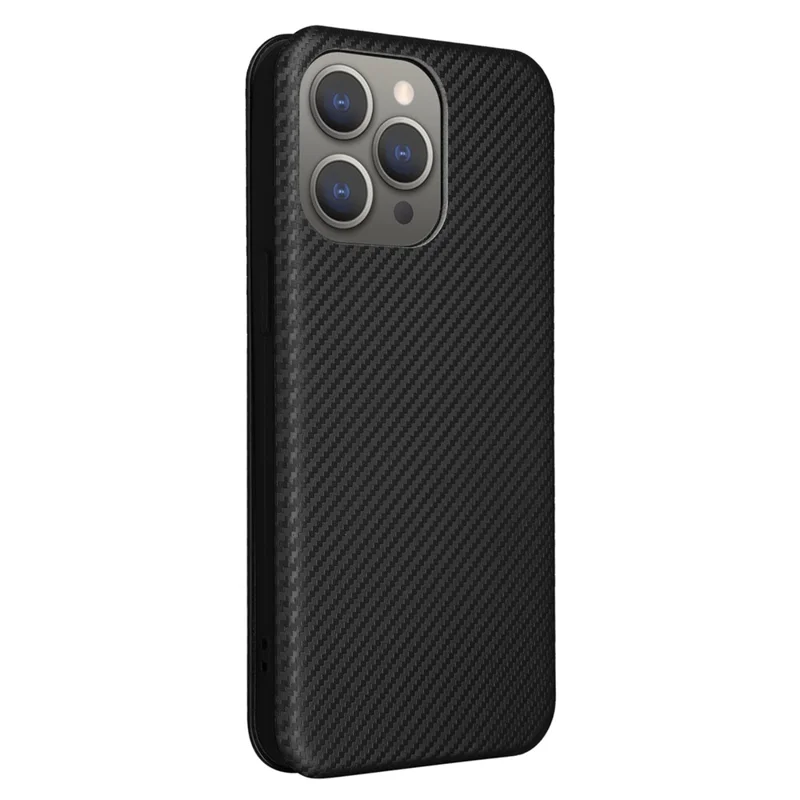 PU Leather Card Holder Phone Case voor iPhone 15 Pro, Carbon Fiber Texture Stand Cover - Zwart