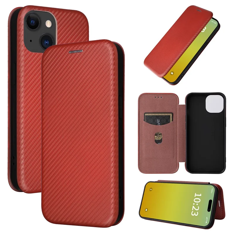 Card Holder Phone Stand Case for iPhone 15 Plus , Carbon Fiber Texture PU Leather Cover - Brown